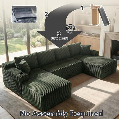 125” Cloud Boneless Couch, U-Shaped Modular Sectional Sofa, Green5