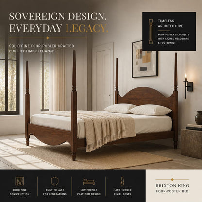 Brixton King Solid Pine Wood Four-Poster Bed, Arched Headboard, Walnut5