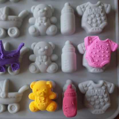 Baby Shower Silicone Mold with Onesie Pacifier Bottle Baby Footprint Bear Carriage Mold for Chocolate Cake Candy Gummy Cupcake Decoration Party Cupcake Topper5
