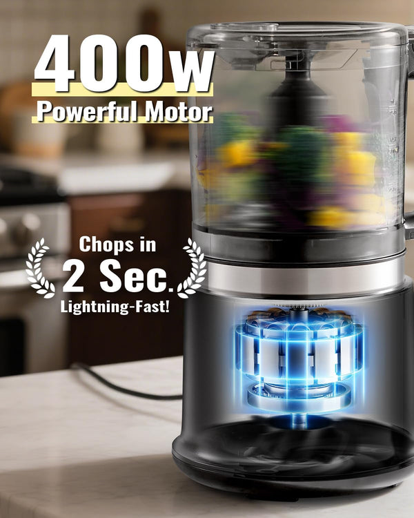 Food Chopper, 4 Cup Mini and Fast Food Processor, Electric Meat Grinder with 2 Speed, 4 Stainless Steel Blades, and Whisk, 400W Power for Chopping, Mixing, Emulsifying, Puree and Whisking, Bpa-Free4