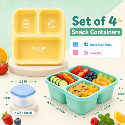 Bento Box Snack Containers, 3 Compartment Lunch Containers for Adults, Reusable Stackable Meal Prep & Food Storage Containers with Leakproof Sauce Cups, 4 Pack3