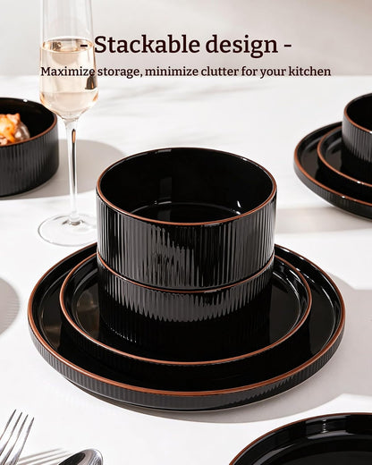 Line Porcelain Dinnerware Set, Dish Set for 4, Black6