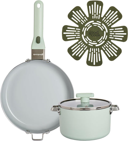 Ceramic Cookware Set 5-Piece with Removable Handle, Induction Compatible, Nonstick and Oven Safe with 9.5-Inch Frypan, Sage Green1