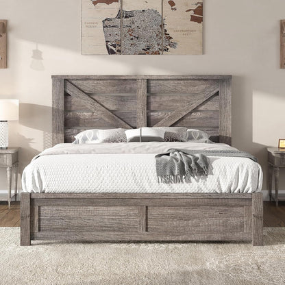 Farmhouse Queen Size Bed Frame with 49.2"Barn Door Headboard, Gray1