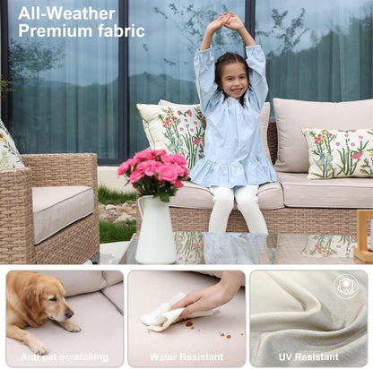4-Piece Patio Furniture Set,Outdoor Wicker Patio Conversation Set with Tempered Glass Table,All-Weather Rattan Sectional Loveseat&Chairs with Thick Cushions for Garden,Deck,Backyard-Beige5