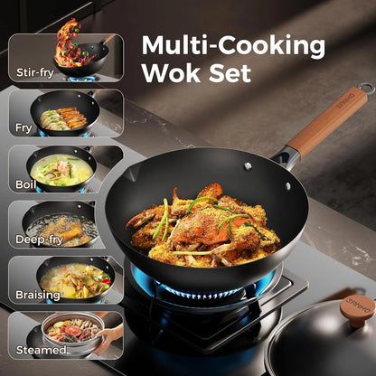 12 Inch Carbon Steel Wok Pan, 4QT Woks & Stir-Fry Pans Nonstick with Lid, No Seasoning Required & 0 Coating, Compatible with All Cooktops & Utensils for Stir Fry, Pan-Fry, Steam, Camping2