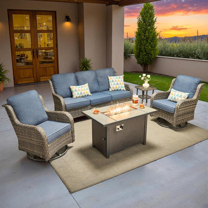 5-Piece Patio Furniture Set with Swivel Chairs Side Table, Outdoor Wicker Sofa with 42" Fire Pit Table, High Back Couch Modern Conversation Sets, Grey Rattan, Denim Blue1