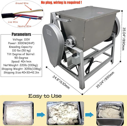 110V Commercial Dough Mixer Machine Kneading Capacity Electric Food Mixer Flour Mixer for Dough Mixing Kneading (Standard, 50KG/110LBS)2