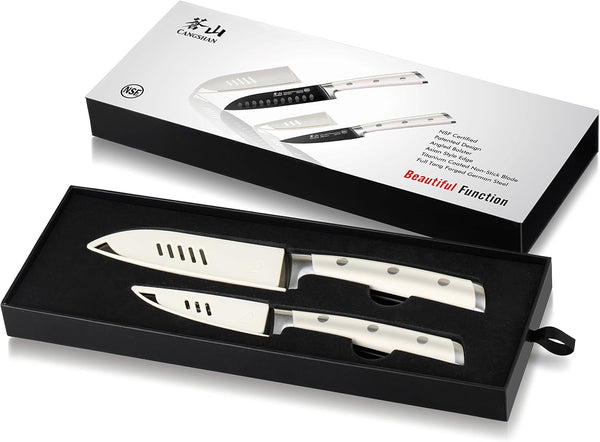 S+ Series 1022100 German Steel Forged 2-Piece Titanium Coated Santoku Starter Knife Set with Sheaths, Vanilla White8