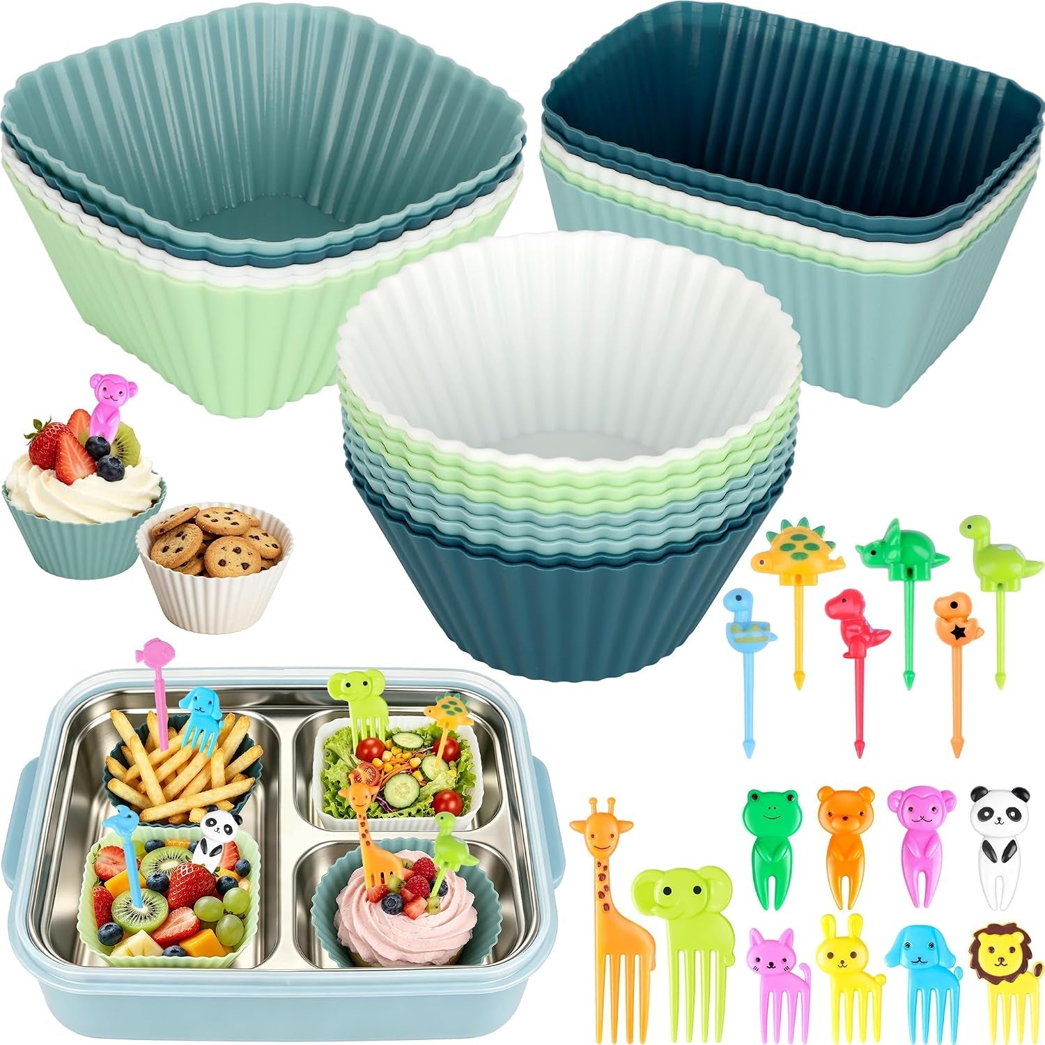 66pcs-silicone-lunch-box-dividers-cute-animal-food-picks-for-kids-20-reusable-silicone-cupcake-liners-muffin-baking-cups-46-fruit-toothpicks-school-lunchbox-bento-box-accessories-supplies