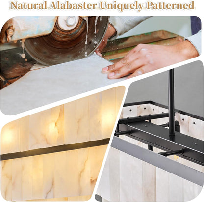 Rectangle Alabaster Chandelier, L54 Linear Chandeliers Dining Room over Table Pendant Light Modern Mrable Rectangular Chandelier for Kitchen Island Living Room 2-Tier Black(Include 16 Bulbs)9