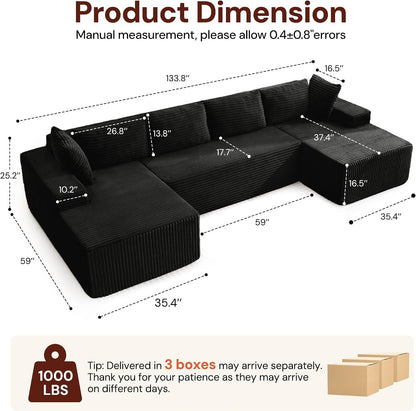 133" Oversized Modular Sectional Sofa, U-Shaped Boneless Couch with Double Chaise, Comfy Corduroy Cloud Couch Sectional, Deep Seat Sectional Couches for Living Room, No Assembly Required, Black3