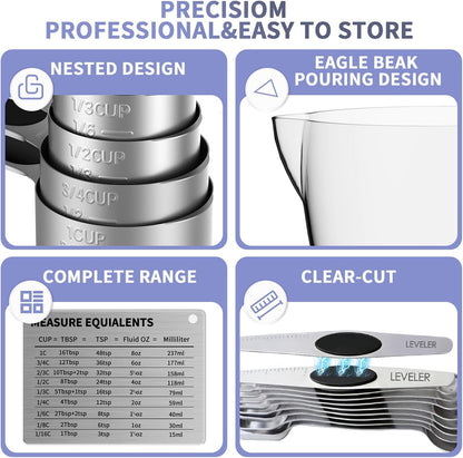Measuring Cups and Spoons Set,Magnetic Measuring 5 Cups 7 Spoons & 1 Leveler, 3 Plastic Measuring Cup with 1 Measuring Conversion Chart, Metal Stainless Steel for Baking & Cooking2