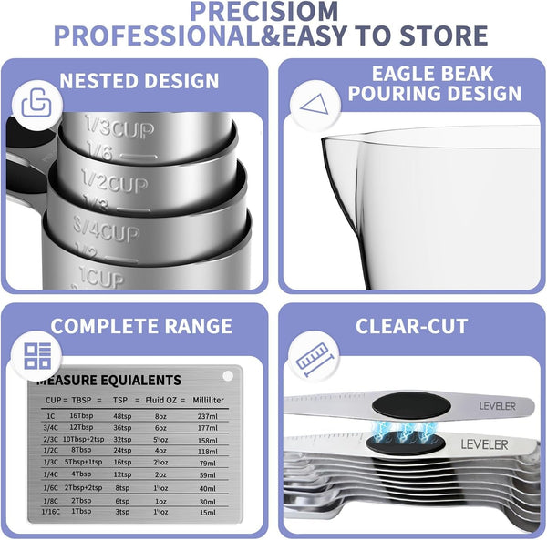 Measuring Cups and Spoons Set,Magnetic Measuring 5 Cups 7 Spoons & 1 Leveler, 3 Plastic Measuring Cup with 1 Measuring Conversion Chart, Metal Stainless Steel for Baking & Cooking2