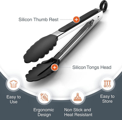 Kitchen Tongs with Silicone Tips - Stainless Steel Tongs for Cooking - 9" and 12" Tongs with Silicone Rubber Non Slip Grips, Heat Resistant Metal Tongs.2
