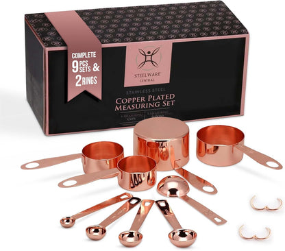 Copper Measuring Cups and Spoons Set - 9-Piece Food-Grade Stainless Steel Measuring Set with 2 Storage Rings for Heavy Duty Cooking & Baking, Rose Gold2