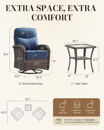 Upgraded 6“ Cushion Luxury 3 Pieces Patio Furniture Set - All Weather Wicker Outdoor Swivel Rocker Patio Chairs of 2 with Side Table, High Back Glider Chairs Set for Deck Porch - Brown/Blue2