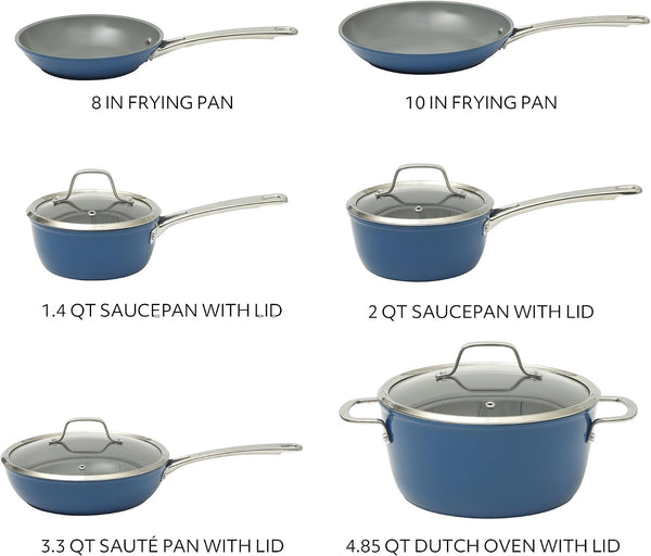 Sur La Table Kitchen Essentials Cool Commune Hard Anodized 10 Piece PFA Free Ceramic Non Stick Interior Forged Durable Aluminum Pots and Pans Cookware Set - Blue - Induction Compatible3