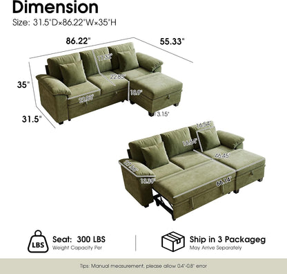 86" Modular Sectional Sleeper Sofa Bed, L Shaped 4 Seat Pull Out Couch with Storage Ottoman, Convertible Cloud Couch Bed, Sectional Couches for Living Room, Apartment (Green)2
