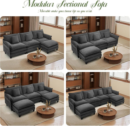 106" L Shaped Modular Sectional Cloud Couch, Comfy Modern Sofa with Ottoman, 4-Seat Deep Seat Sofa with Pillows for Living Room, Bedroom and Apartment, Modular Sofa, Grey8