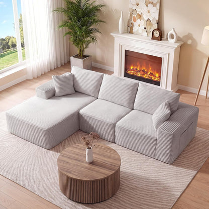 110" Boneless Cloud Sectional Couch for Living Room, L Shaped 3 Seater Modular Corduroy Sofa with Chaise, Deep Seated Oversized Boneless Couches, Compressed Sofa in a Box, No Assembly, Grey1