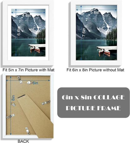 6X8 Picture Frame with Real Glass - Display Pictures 5X7 with Mat or 6 X 8 without Mat, Photo Frame for Wall or Table Top Display(White, 3 Pack)2