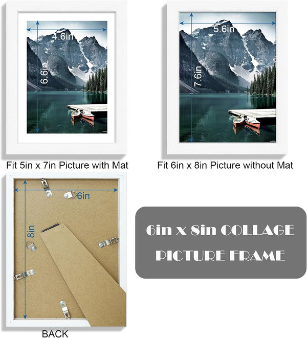 6X8 Picture Frame with Real Glass - Display Pictures 5X7 with Mat or 6 X 8 without Mat, Photo Frame for Wall or Table Top Display(White, 3 Pack)2