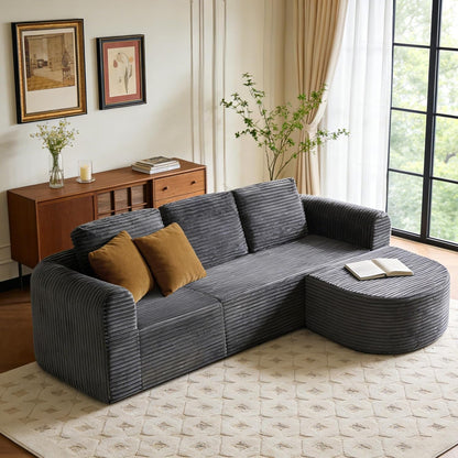 108” Modular Sectional Sofa, Boneless Couches for Living Room, Deep Seat L-Shape Cloud Couch with Chaise, Comfy Sofa Freely Change Configurations No Assembly Required, Soft Plush Corduroy Fabric(Grey)6