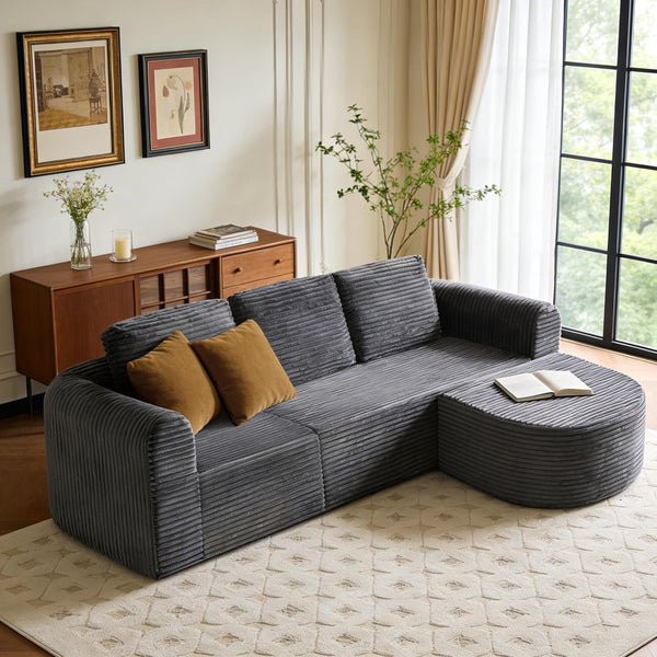 108” Modular Sectional Sofa, Boneless Couches for Living Room, Deep Seat L-Shape Cloud Couch with Chaise, Comfy Sofa Freely Change Configurations No Assembly Required, Soft Plush Corduroy Fabric(Grey)6