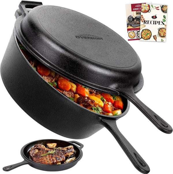 2-In-1 Cast Iron Dutch Oven - 3.2QT Deep Pot with Lid Recipe | 10.5" Cast Iron Skillet with Frying Pan, Pre-Seasoned Dutch Oven Multi Cooker, Oven Safe Cookware for Grill Camping Stewing1