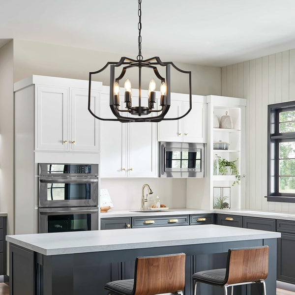 21.6" Black Chandelier, 6-Light Geometric Dining Room Fixture, Modern Metal Chandelier Lighting for Farmhouse Living Room, Bedroom, Entryway, Kitchen Island6