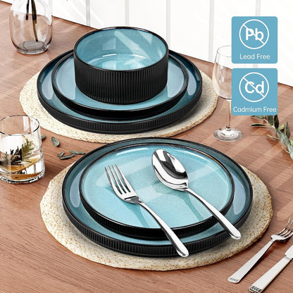 12 Pcs Reactive Glaze Teal Stoneware Dinnerware Sets for 47