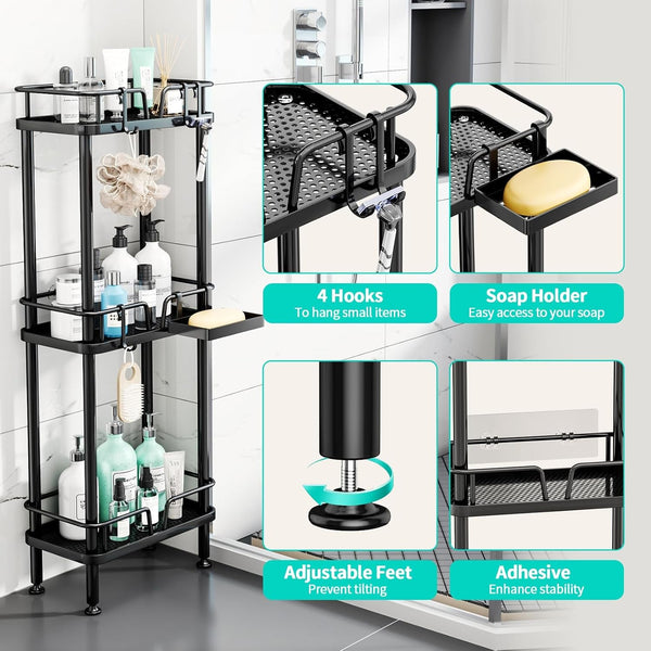Standing Corner Shower Caddy - 3 Tier Corner Shower Organizer with Soap Holder, Rustproof Stainless Steel Bathroom Shelf with 4 Hooks, Black2