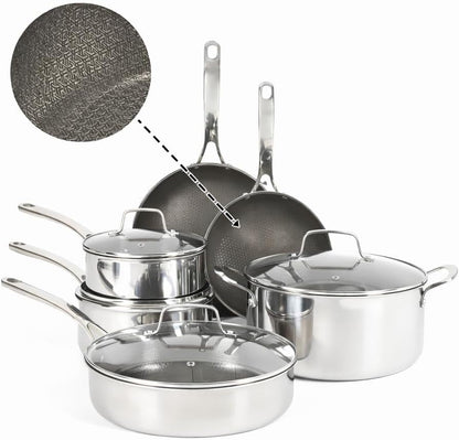 Badgley Hybrid Nonstick 10 Piece Triply Stainless Steel Pots and Pans Non-Toxic Kitchen Cookware Set - Laser Etched Perfect Sear Nonstick W/Stay Cool Handle Dishwasher & Induction Safe1