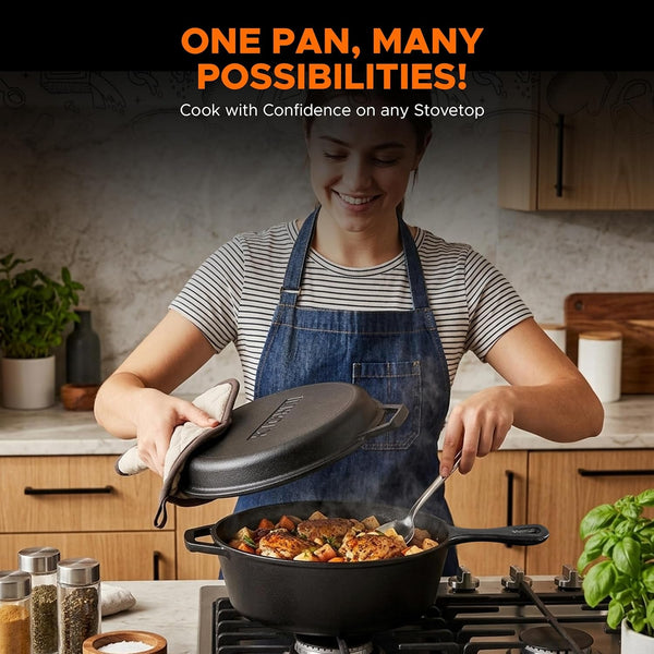 Combo Cooker Cast Iron Dutch Oven with Lid 2 In1, PFAS Free Pre-Seasoned Multi Cookware Skillet, 3.2QT Cast Iron Pan Dutch Oven Deep Pot with Frying Pan 10.25 Inch, Grill Induction Stovetop Camping6