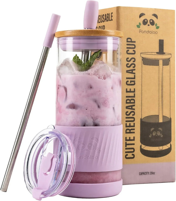 ® Glass Cups with Lids and Straws -20 Fl Oz- Perfect Size Iced Coffee Cup - Smoothie Cup with Bamboo Lid and on the Go Lid - Glass Tumbler with Straw (1 Count (Pack of 1), Lilac Rhapsody)1
