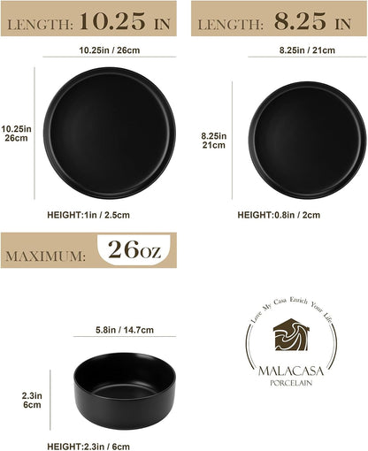 12 Pcs Porcelain Plates and Bowls Sets,Dinnerware Set for 4,Black2