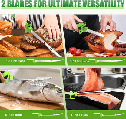 12V Cordless Electric Fillet Knife, 8" Flexible & 10" Rigid Blades, 2X 1500Mah Batteries, 1.5H Fast Charger, Safety Lock, Non-Slip Handle, Carry Case for Outdoor Fishing Filleting, Green8