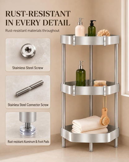 3-Tier Freestanding Aluminum Corner Shower Caddy with 4 Aluminum Hooks4
