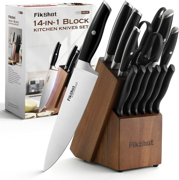 Knife Set, German Stainless Steel, Black, 14-Piece Kitchen Knives | Full Tang Handle, Ultra-Sharp, Knife Block & Sharpener Included, Rust-Resistant, Dishwasher-Safe, Gift for Chefs, BBQ Prep