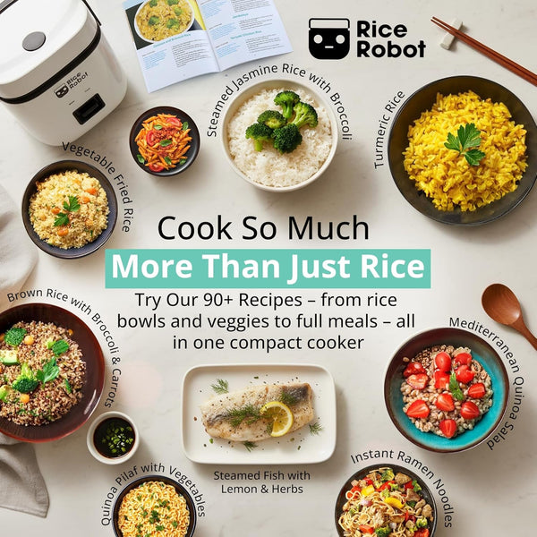 Rice Robot Personal Rice Cooker, Pfas-Free, Nonstick. 1 Quart Capacity, with Stainless Steel Steamer Tray, Measuring Cups, Recipe Book with 60 Recipes, and Serving Spoon, as Seen on TV6