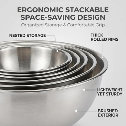5 Pcs Stainless Steel Mixing Bowls,Dishwasher Safe,Food Grade 304,Silver,Salad Prep & Cooking6