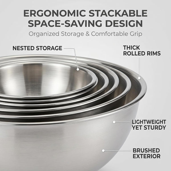 5 Pcs Stainless Steel Mixing Bowls,Dishwasher Safe,Food Grade 304,Silver,Salad Prep & Cooking6