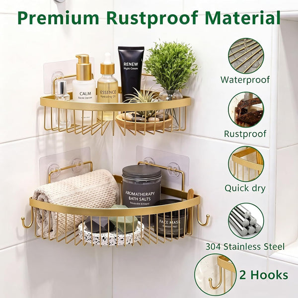 Gold Shower Caddy, 2 Pack Adhesive Corner Shower Caddy with 2 Hooks, No Drilling Bathroom Organizers & Storage, Rustproof Stainless Steel Shower Shelves for Home3