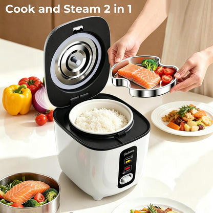 Rice Cooker Small 2.5 Cup Uncooked,1.2 Quart Non-Stick Mini Rice Cooker,With Stainless Steel Steamer Tray,One-Switch to Cook and Auto Keep Warm,Recipe Guide,Space Saving for 1-4 People,White7