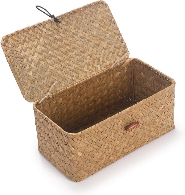 Rectangular Handwoven Seagrass Small Storage Basket with Lid for Shelves and Home Organizer Bins,S (10.2"X5.5"X4.3"H), Natural2