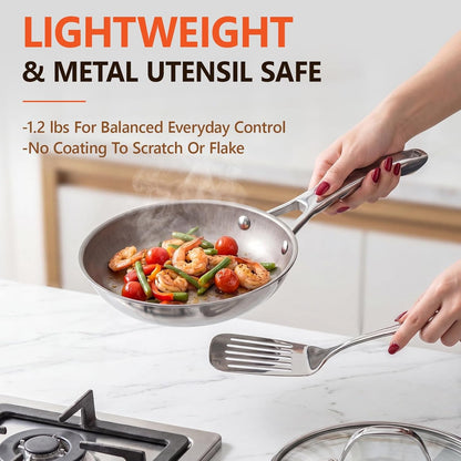 Titanium Frying Pan with Lid - 8" No Coating Pfas-Free Skillet, Tri-Ply Titanium & Stainless Steel, Induction & Dishwasher Safe6