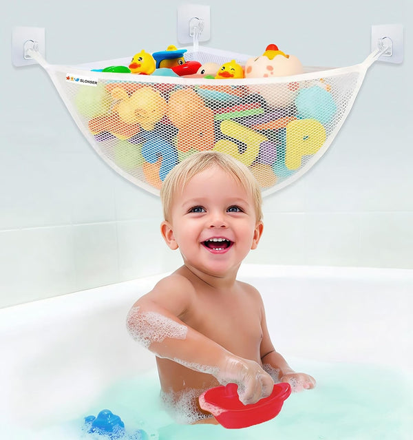 Bath Toy Storage Organizer for Bathtub – Large Mesh Bath Toy Holder & Bath Toy Net, Corner Bathtub Toy Storage with 3 Strong Suction Cups, 3 Adhesive Hooks, Quick-Dry Toy Holder for Tub & Shower1