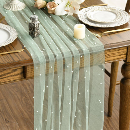 3PCS Pearl Grass Green Gauze Table Runner 120 Inch 10FT, Seasonal Sheer Dining Holiday Wedding Birthday Baby Shower Table Decor for Home Party1