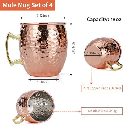 4 Pcs 16Oz Moscow Mule Mugs Hammered with Angled Handle, Copper | 304 Stainless Steel Lining, Delicate Hammered Finish, Firm Handle, for Cold Drinks, Cocktails, Wine, Beer, Bars & Parties3